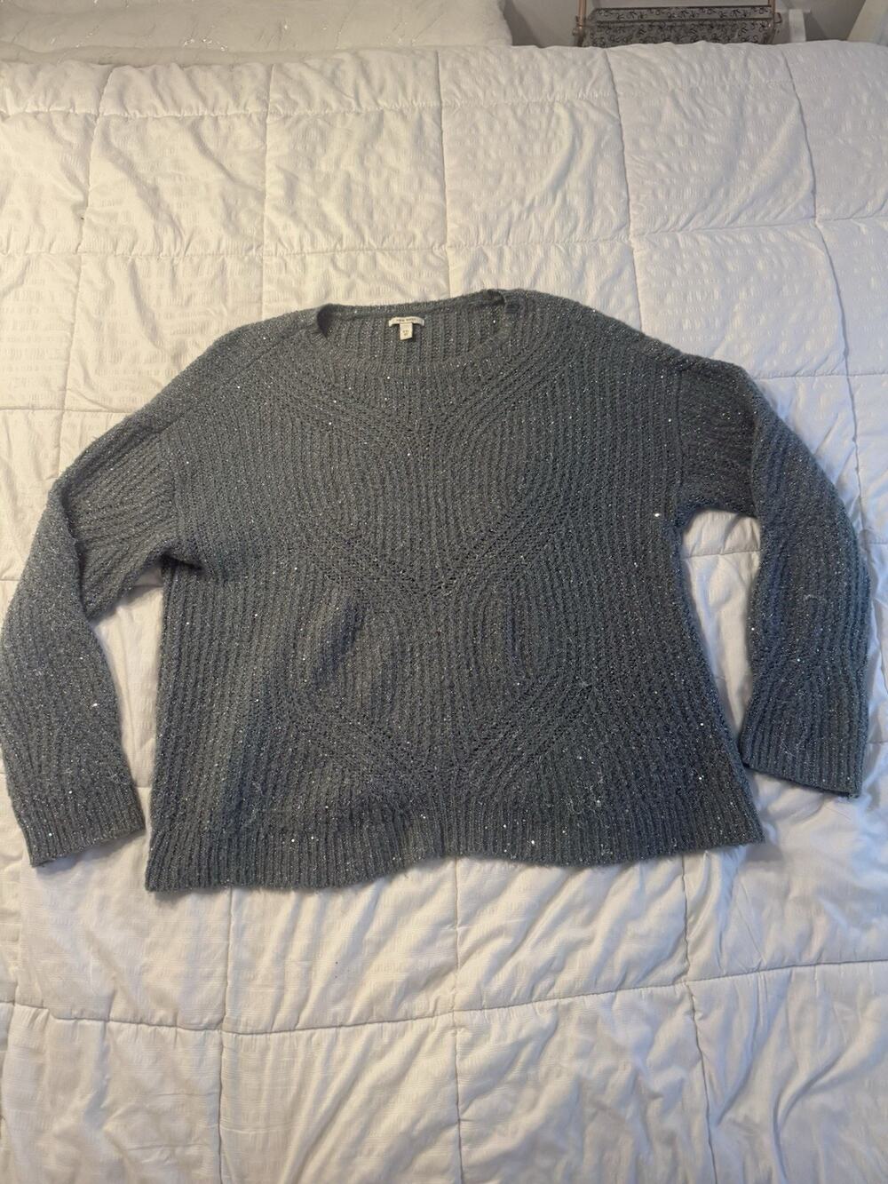 Nine West Gray Sweater Metallic Women's XXL Crewneck Scalloped Sparkly Holiday
